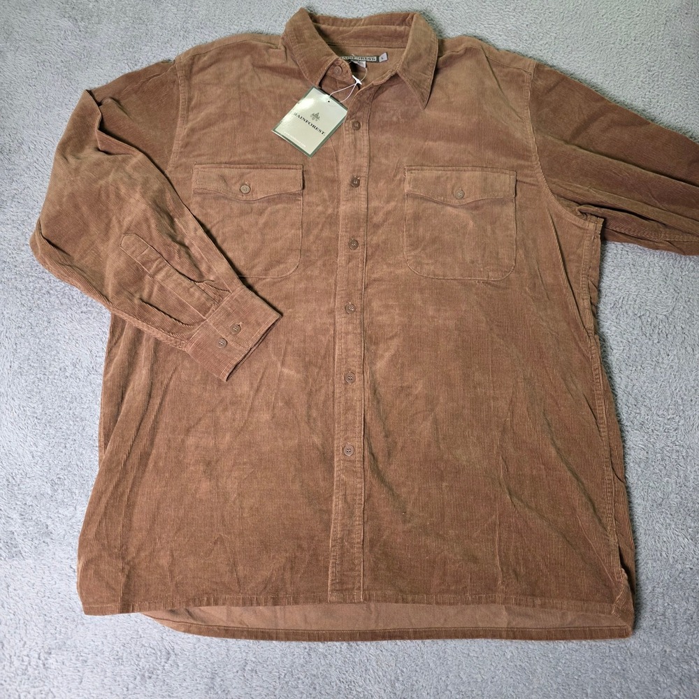 Rainforest Mens Large Button Down Shirt Brown Corduroy Long Sleeve Flap Pockets